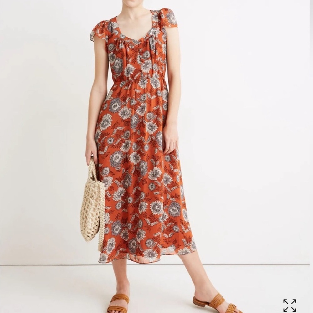 Madewell midi length Floral Button-Down Dress in Orange and Gray